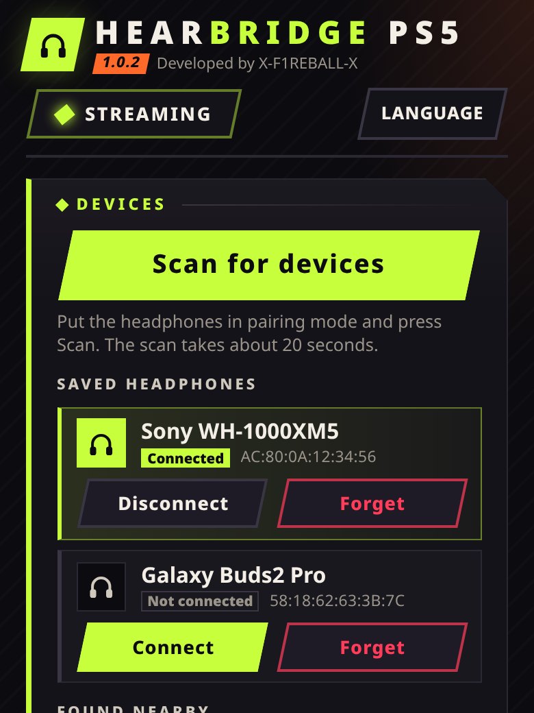 HearBridge PS5 control page on a phone